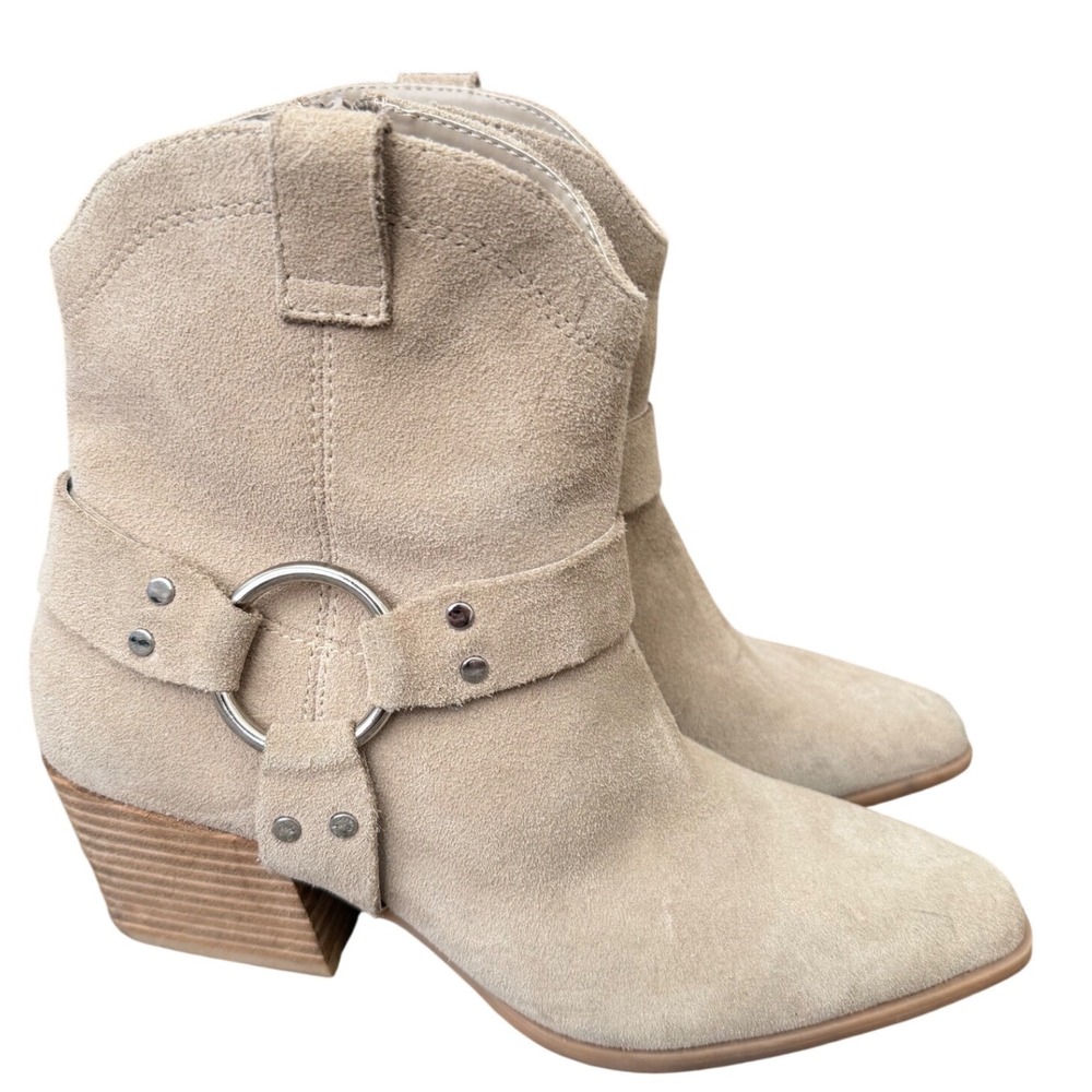 Open Edit Beige Suede Leather Harness Western Ankle Boots Size 6M